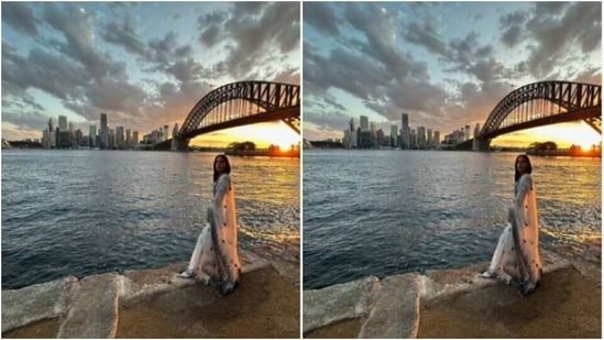 Sara picked a stunning sharara set to pose in front of Sydney Harbour Bridge and sported her brightest smile.&nbsp;(Instagram/@saraalikhan95)