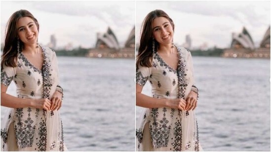 Sara added a matching dupatta to her look and posed with the sun in the backdrop. “The horizon changes but the sun doesn’t,” sara captioned her pictures.&nbsp;(Instagram/@saraalikhan95)