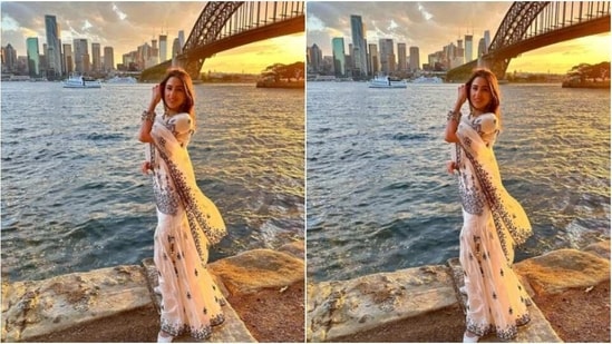 Sara decked up in a white short kurta featuring short sleeves, a plunging neckline and motif patterns in shades of black throughout. She further teamed it with a sharara set of matching fabric.&nbsp;(Instagram/@saraalikhan95)