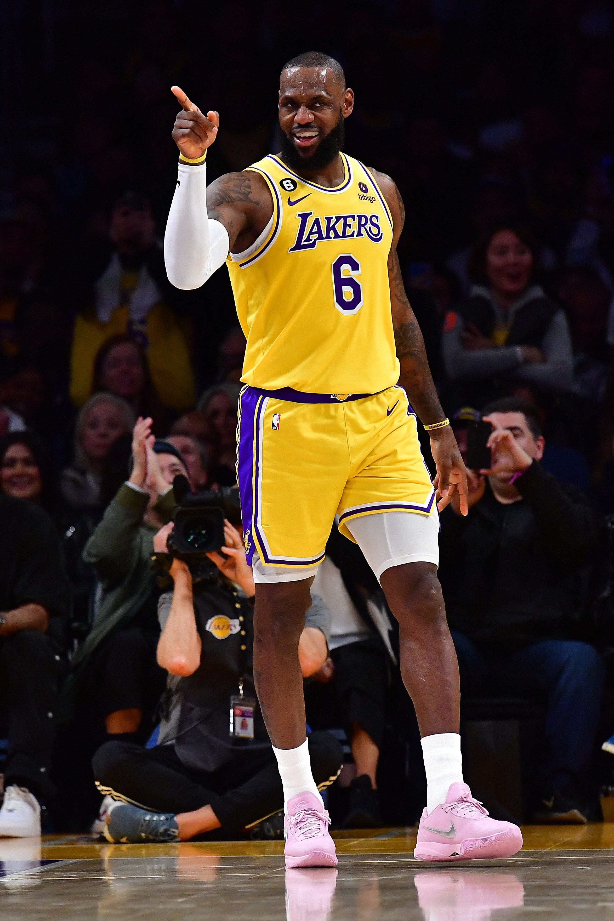 Los Angeles Lakers forward LeBron James (6) reacts after scoring a basket against the New Orleans Pelicans. (USA TODAY Sports)