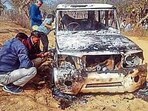 Bhiwani: Charred remains of a vehicle where bodies of two Muslim men were found, at Loharu in Bhiwani district, Haryana.