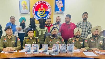 Commissioner of police Mandeep Singh Sidhu and other officials addressing media after the arrests in Ludhiana. (HT Photo) Commissioner of police Mandeep Singh Sidhu and other officials addressing media after the arrests in Ludhiana. (HT Photo)