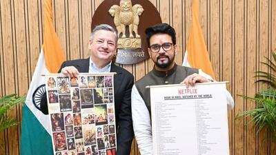 Global Netflix CEO Ted Sandaros (left) met with union minister Anurag Thakur (right) in New Delhi (Twitter/@PIB_India)