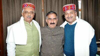 Himachal chief minister Sukhvinder Singh Sukhu (centre) with AICC spokesperson Akhilesh Pratap Singh and secretary Vijay Inder Singla in Shimla on Friday. (HT Photo) Himachal chief minister Sukhvinder Singh Sukhu (centre) with AICC spokesperson Akhilesh Pratap Singh and secretary Vijay Inder Singla in Shimla on Friday. (HT Photo)