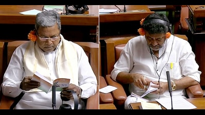 Leader of Opposition in the Karnataka Assembly Siddaramaiah and Congress MLA DK Shivakumar attending the State Budget presentation for the financial year 2023-24 by State Chief Minister Basavaraj Bommai (Unseen) in the State Assembly, in Bengaluru . (ANI) Leader of Opposition in the Karnataka Assembly Siddaramaiah and Congress MLA DK Shivakumar attending the State Budget presentation for the financial year 2023-24 by State Chief Minister Basavaraj Bommai (Unseen) in the State Assembly, in Bengaluru . (ANI)