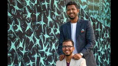 Mayur Vayeda (standing) with his brother Tushar Vayeda against the backdrop of their show-stopping mural, Forests of the Future, at the India Art Fair in New Delhi. (Sanchit Khanna/ Hindustan Times) Mayur Vayeda (standing) with his brother Tushar Vayeda against the backdrop of their show-stopping mural, Forests of the Future, at the India Art Fair in New Delhi. (Sanchit Khanna/ Hindustan Times)