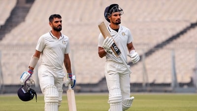 Saurashtra batters Arpit Vasavada and Chirag Jani return at the end of the 2nd day's play of the Ranji Trophy final cricket match between Bengal and Saurashtra (PTI) Saurashtra batters Arpit Vasavada and Chirag Jani return at the end of the 2nd day's play of the Ranji Trophy final cricket match between Bengal and Saurashtra (PTI)