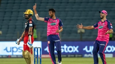 Prasidh Krishna of Rajasthan Royals celebrates the wicket of Virat Kohli of Royal Challengers Bangalore (PTI) Prasidh Krishna of Rajasthan Royals celebrates the wicket of Virat Kohli of Royal Challengers Bangalore (PTI)