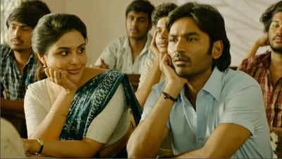 Vaathi movie review: Dhanush and Samyuktha in a still from the film. Vaathi movie review: Dhanush and Samyuktha in a still from the film.