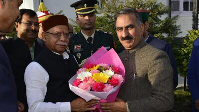 Shiv Pratap Shukla being greeted by Himachal chief minister Sukhvinder Singh Sukhu upon his arrival in Shimla on Friday. (HT Photo) Shiv Pratap Shukla being greeted by Himachal chief minister Sukhvinder Singh Sukhu upon his arrival in Shimla on Friday. (HT Photo)