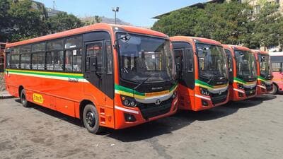 Thane, India - February 17, 2023: A general view of TMC-run TMT buses on the day of its budget presentation, in Thane, India, on Friday, February 17, 2023. (Praful Gangurde/HT Photo) (HT PHOTO)