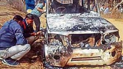 Bhiwani: Charred remains of a vehicle where bodies of two Muslim men were found, at Loharu in Bhiwani district, Haryana. (PTI) Bhiwani: Charred remains of a vehicle where bodies of two Muslim men were found, at Loharu in Bhiwani district, Haryana. (PTI)