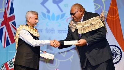 External Affairs Minister Dr. S. Jaishankar along with President of Fiji Ratu Wiliame Maivalili Katonivere released a postal stamp and launched 6 books at the 12th World Hindi Conference. (@MEAIndia/ Twitter) External Affairs Minister Dr. S. Jaishankar along with President of Fiji Ratu Wiliame Maivalili Katonivere released a postal stamp and launched 6 books at the 12th World Hindi Conference. (@MEAIndia/ Twitter)
