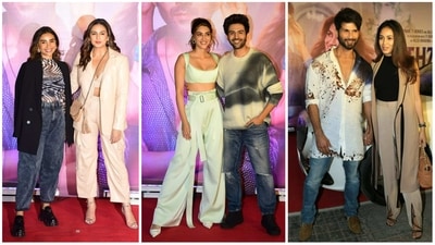 Patralekhaa, Huma Qureshi, Kriti Sanon, Kartik Aaryan, Shahid Kapoor, Mira Rajput at Shehzada screening. (Varinder Chawla) Patralekhaa, Huma Qureshi, Kriti Sanon, Kartik Aaryan, Shahid Kapoor, Mira Rajput at Shehzada screening. (Varinder Chawla)