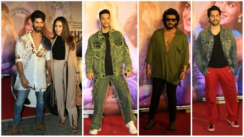 Shahid Kapoor, Mira Rajput, Angad Bedi, Arjun Kapoor and Varun Dhawan at Shehzada screening. (Varinder Chawla) Shahid Kapoor, Mira Rajput, Angad Bedi, Arjun Kapoor and Varun Dhawan at Shehzada screening. (Varinder Chawla)
