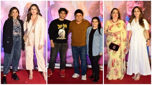 Patralekhaa, Huma Qureshi, Ali Asgar with kids, Zarine Khan and Farah Khan Ali at Shehzada screening. (Varinder Chawla) Patralekhaa, Huma Qureshi, Ali Asgar with kids, Zarine Khan and Farah Khan Ali at Shehzada screening. (Varinder Chawla)