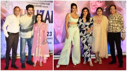 Kartik Aaryan and Kriti Sanon with their respective families at Shehzada screening. (Varinder Chawla) Kartik Aaryan and Kriti Sanon with their respective families at Shehzada screening. (Varinder Chawla)