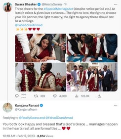 Kangana Ranaut tweeted about Swara Bhasker and Fahad Ahmad's marriage. Kangana Ranaut tweeted about Swara Bhasker and Fahad Ahmad's marriage.