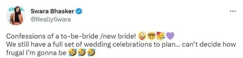 Swara Bhasker tweeted about her wedding plans. Swara Bhasker tweeted about her wedding plans.