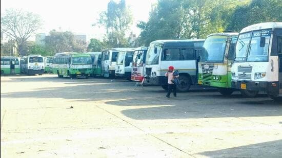 At least a dozen Punjab Roadways buses are currently awaiting maintenance at the Ludhiana depot. (HT Photo)