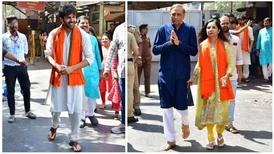 Kartik Aaryan and his parents seen at Siddhivinayak Temple on Friday. (Varinder Chawla)