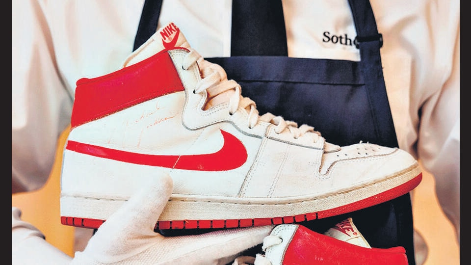 Michael Jordan’s 1984 game-worn Air Ships sold to private collectors for a record $1.96 million in 2021. (Sothebys)