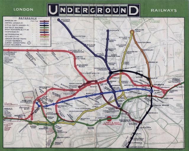 A pocket version of the Underground map from 1908, before the Beck diagram was introduced. (HUM Images/Universal Images Group via Getty Images) A pocket version of the Underground map from 1908, before the Beck diagram was introduced. (HUM Images/Universal Images Group via Getty Images)