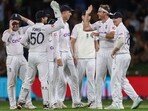 England's Stuart Broad (2nd R) celebrates with his teammates after bowling New Zealand's Tom Blundell during day three of the first cricket Test match between New Zealand and England. England's Stuart Broad (2nd R) celebrates with his teammates after bowling New Zealand's Tom Blundell during day three of the first cricket Test match between New Zealand and England.