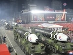 This photo provided by the North Korean government, shows what it says is Hwasong-17 intercontinental ballistic missiles during a military parade to mark the 75th founding anniversary of the Korean People's Army on Kim Il Sung Square in Pyongyang. This photo provided by the North Korean government, shows what it says is Hwasong-17 intercontinental ballistic missiles during a military parade to mark the 75th founding anniversary of the Korean People's Army on Kim Il Sung Square in Pyongyang.