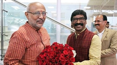 Jharkhand Chief Minister Hemant Soren welcomes newly appointed state Governor C. P. Radhakrishnan at Ranchi Birsa Munda Airport, in Ranchi on Friday. (ANI)