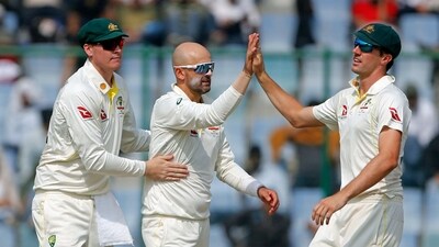 Australia's Nathan Lyon celebrates a wicket with teammates during the second day of the second test match against India, at Arun Jaitley Stadium (ANI) Australia's Nathan Lyon celebrates a wicket with teammates during the second day of the second test match against India, at Arun Jaitley Stadium (ANI)