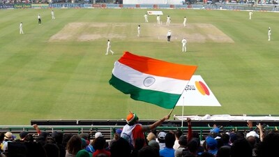 New Delhi, Feb 18 (ANI): Fans watch the action during the second day of the second test match between India and Australia, at Arun Jaitley Stadium, in New Delhi on Saturday. (ANI Photo) (ANI) New Delhi, Feb 18 (ANI): Fans watch the action during the second day of the second test match between India and Australia, at Arun Jaitley Stadium, in New Delhi on Saturday. (ANI Photo) (ANI)