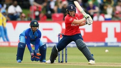 England's Nat Sciver Brunt plays a shot during ICC Womens T20 World Cup 2023 group B match against Indian Women, at St George's Park, in Gqeberha on Saturday. (ICC Twitter) England's Nat Sciver Brunt plays a shot during ICC Womens T20 World Cup 2023 group B match against Indian Women, at St George's Park, in Gqeberha on Saturday. (ICC Twitter)