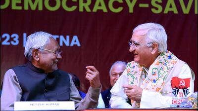 Bihar chief minister Nitish Kumar (Left) and Congress leader Salman Khurshid at a CPI-ML Liberation national convention in Patna on Saturday. (ANI Photo) Bihar chief minister Nitish Kumar (Left) and Congress leader Salman Khurshid at a CPI-ML Liberation national convention in Patna on Saturday. (ANI Photo)