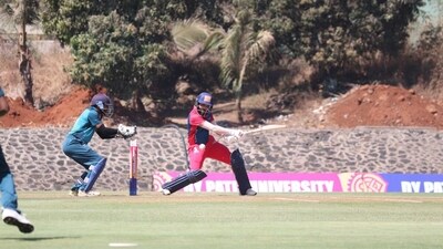 Canara Bank's Karun Nair on way to an unbeaten 95 off 60 balls against RBI in their DY Patil T20 Cup game on Saturday. Canara Bank's Karun Nair on way to an unbeaten 95 off 60 balls against RBI in their DY Patil T20 Cup game on Saturday.