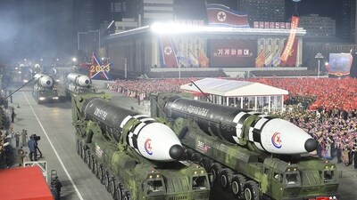 This photo provided by the North Korean government, shows what it says is Hwasong-17 intercontinental ballistic missiles during a military parade to mark the 75th founding anniversary of the Korean People's Army on Kim Il Sung Square in Pyongyang. (AP/ Representative Image)