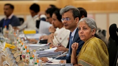 Union finance minister Nirmala Sitharaman with Department of Revenue secretary Sanjay Malhotra during the 49th GST Council meeting, in Delhi, Saturday. (PTI)