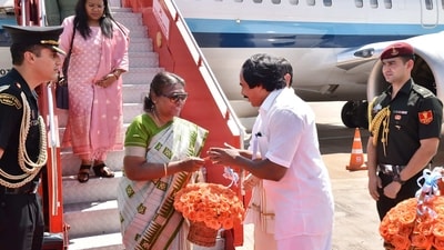 President Droupadi Murmu arrives at Madurai airport on Saturday and will grace the Mahashivratri celebration organised by the Isha Foundation at Coimbatore. (PTI) President Droupadi Murmu arrives at Madurai airport on Saturday and will grace the Mahashivratri celebration organised by the Isha Foundation at Coimbatore. (PTI)
