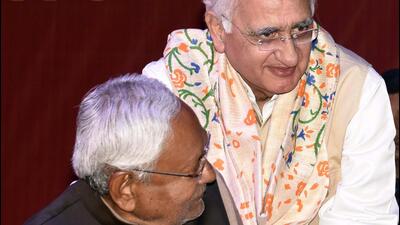 Patna, Feb 18 (ANI): Bihar Chief Minister Nitish Kumar interacts with Congress leader Salman Khurshid during the 11th All India National Convention of CPI-ML party at SKM Hall, in Patna on Saturday. (ANI Photo) (Aftab Alam Siddiqui) Patna, Feb 18 (ANI): Bihar Chief Minister Nitish Kumar interacts with Congress leader Salman Khurshid during the 11th All India National Convention of CPI-ML party at SKM Hall, in Patna on Saturday. (ANI Photo) (Aftab Alam Siddiqui)