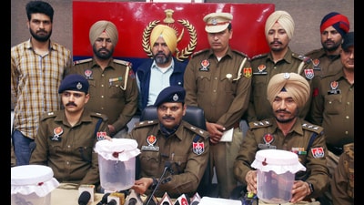 SSP J Elanchezhian interacting with media person during press conference at district administration complex in Bathinda on Saturday. (Photo by Sanjeev Kumar/Hindustan Times) (HT Photo)