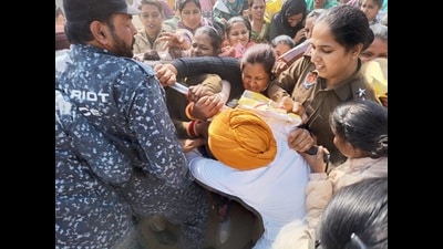 The teachers were demanding allotment of station as they had received joining letters but are yet to get posting stations. (HT Photo)