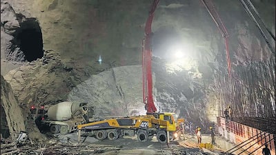 Tunnel work going on as part of Palamuru Rangareddy Lift Irrigation Scheme on the Krishna river. (HT Photo) Tunnel work going on as part of Palamuru Rangareddy Lift Irrigation Scheme on the Krishna river. (HT Photo)