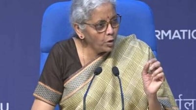 Finance minister Nirmala Sitharaman addressing the press meet post the 49th GST Council meeting