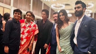 Smriti Irani with Shah Rukh Khan, husband Irani, Mouni Roy and Suraj Nambiar. Smriti Irani with Shah Rukh Khan, husband Irani, Mouni Roy and Suraj Nambiar.