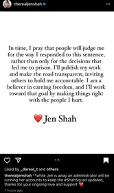 Jen Shah's emotional message on Instagram.