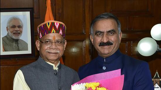 Newly appointed Himachal governor Shiv Pratap Shukla with CM Sukhvinder Singh Sukhu in Shimla on Saturday. (Deepak Sansta/HT)
