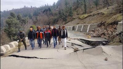 A road damaged due to the landslide in Duksar Dal village of Gool subdivision, 45km from Ramban district headquarters. (Twitter/@Sdmgool) A road damaged due to the landslide in Duksar Dal village of Gool subdivision, 45km from Ramban district headquarters. (Twitter/@Sdmgool)