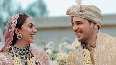 Kiara Advani and Siddharth Malhotra exchanged vows in an intimate ceremony in Jaisalmer, Rajasthan on February 7. For her big day, she donned a pastel pink lehenga by ace Indian designer Manish Malhotra.&nbsp; (Instagram/@kiaraaliaadvani)