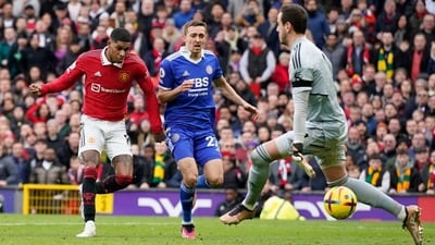 Manchester United's Marcus Rashford, left, scores his side's second goal during the Premier League match between Manchester United and Leicester City. (AP) Manchester United's Marcus Rashford, left, scores his side's second goal during the Premier League match between Manchester United and Leicester City. (AP)
