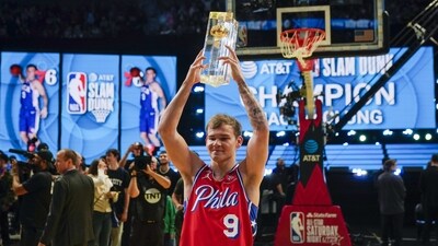 Mac McClung of the Philadelphia 76ers reacts after winning the slam dunk competition of the NBA basketball All-Star weekend Saturday, (AP) Mac McClung of the Philadelphia 76ers reacts after winning the slam dunk competition of the NBA basketball All-Star weekend Saturday, (AP)